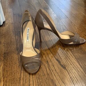 Manolo Blahnik Taupe Peep-Toe Heels